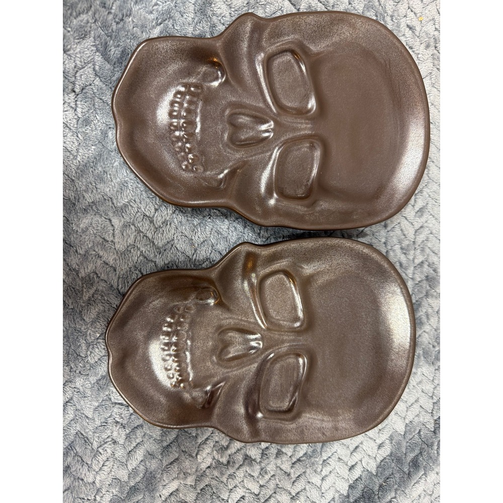 Threshold Stoneware Skull Plates Set of 2 Metallic Bronze Halloween Decor